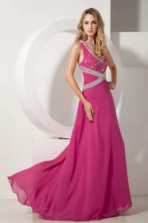 Ermeløse V Hals Gulv Lengde Fuchsia Chiffon Aftenkjoler Selskapskjoler
