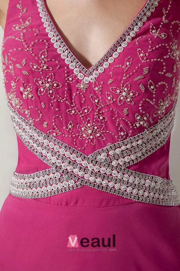 Ärmlös V-ringad Golv Längd Fuchsia Chiffong Aftonklänningar