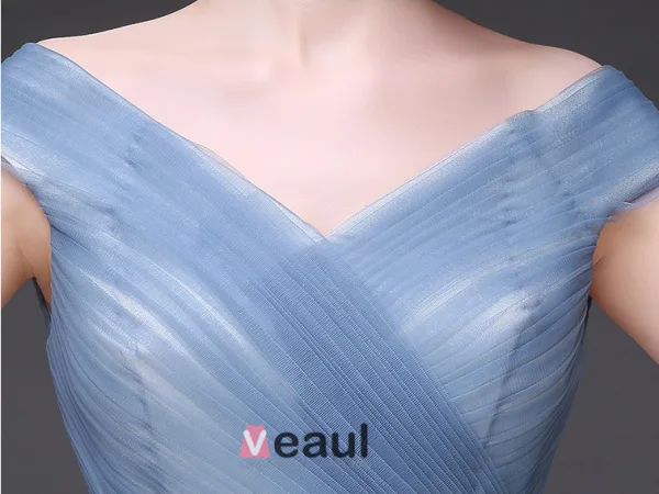 Elegante Skuldre Korte Ermer V-hals Fotsid Lang Tyll Aftenkjoler/Selskapskjoler