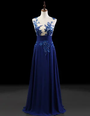 A Linje Scoop Hals Fotsid Lang Brodert Blomster Chiffon Aftenkjoler Selskapskjoler