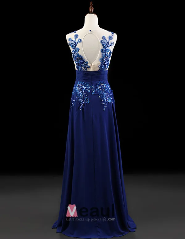 2015 A-line Scoop Neckline Floor-length Long Embroidered Flowers Chiffon Evening Dresses