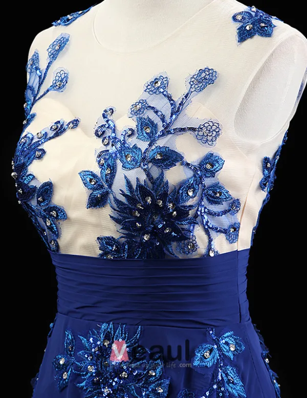 2015 A-line Scoop Neckline Floor-length Long Embroidered Flowers Chiffon Evening Dresses