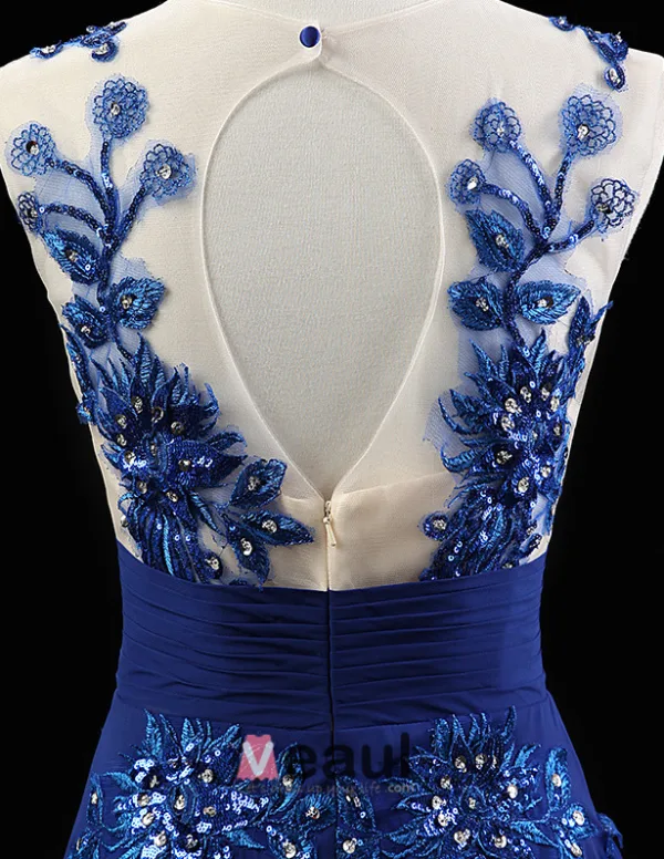 2015 A-line Scoop Neckline Floor-length Long Embroidered Flowers Chiffon Evening Dresses