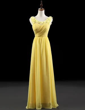 Prinsesse Skuldre Broderte Blomster Scoop Hals Krusning Chiffon Påskelilje Aftenkjoler Selskapskjoler