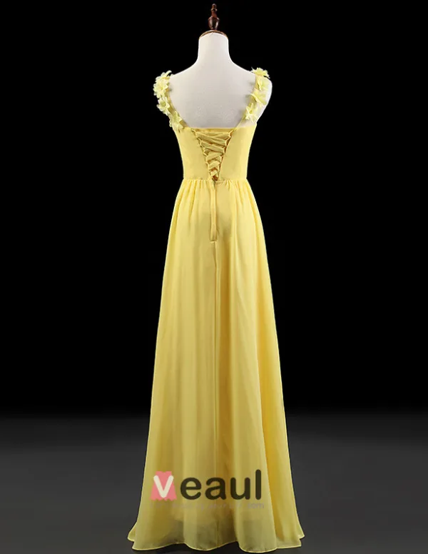 2015 Princess Shoulders Embroidered Flowers Scoop Neck Ruffle Chiffon Daffodil Evening Dresses