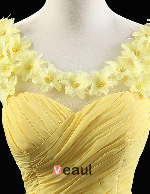 2015 Princess Shoulders Embroidered Flowers Scoop Neck Ruffle Chiffon Daffodil Evening Dresses