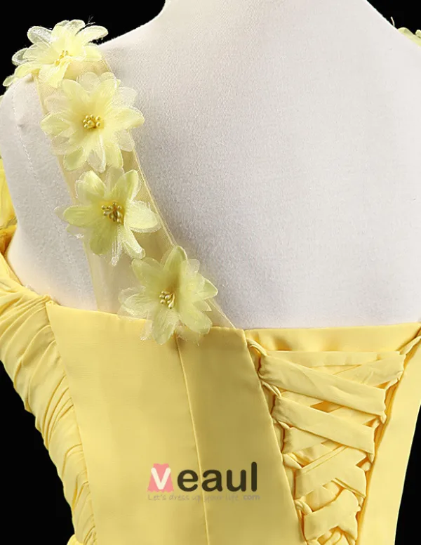 2015 Princess Shoulders Embroidered Flowers Scoop Neck Ruffle Chiffon Daffodil Evening Dresses