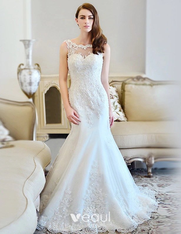 2015 Trumpet/Mermaid Scoop Neck Chapel Train Tulle Lace Wedding Dresses With Beading Sequins 2015 Trumpet/Mermaid Scoop Neck Chapel Train Tulle Lace Wedding Dresses With Beading Sequins