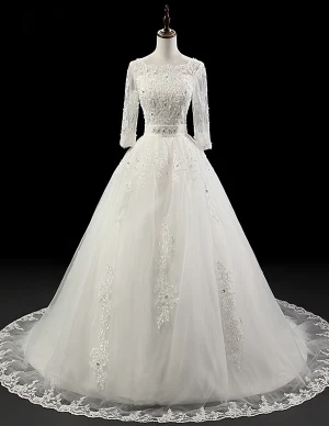 2015 Luxurious Ball Gown Wedding Dress 1 2 Sleeves Beading Bridal Gown