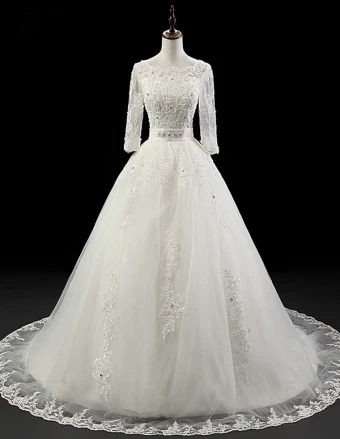 2015 Luxurious Ball Gown Wedding Dress 1 2 Sleeves Beading Bridal Gown