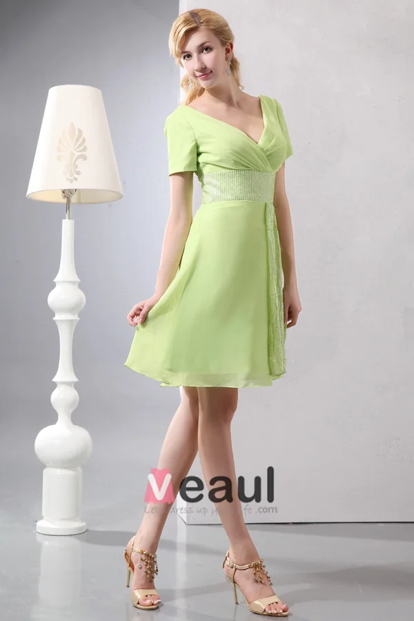 Volleerde Chiffon V-hals Korte Bruidsmeisjes Jurk