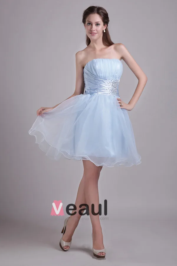 Avenante Satin Ciel De Tulle Robe De Cocktail Bleu Une Ligne