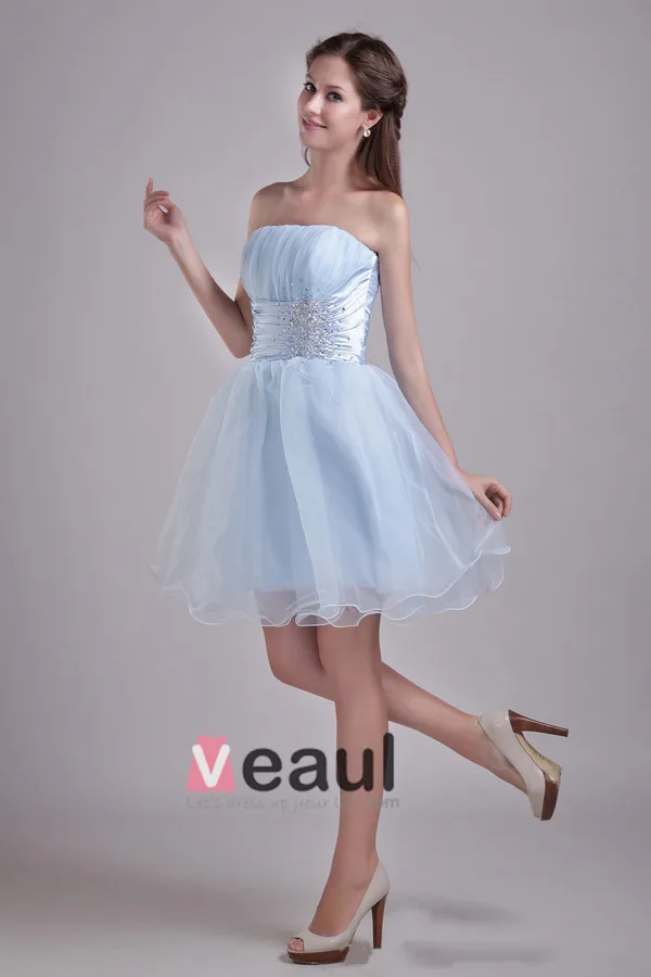 Avenante Satin Ciel De Tulle Robe De Cocktail Bleu Une Ligne