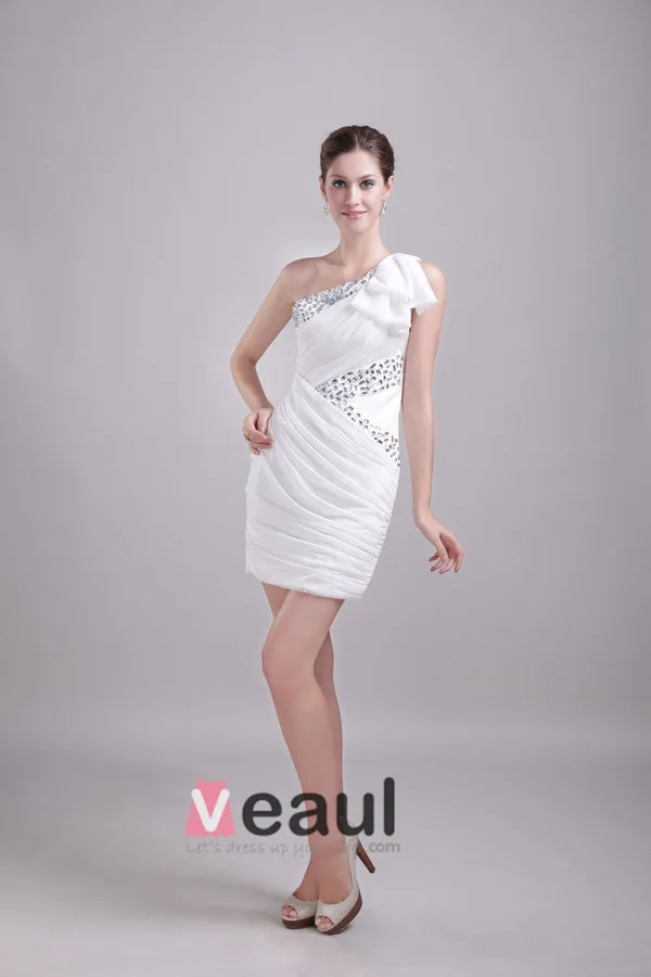 Bez Zarzutu Ruched Jeden Ramię Białe Suknie Koktajlowe