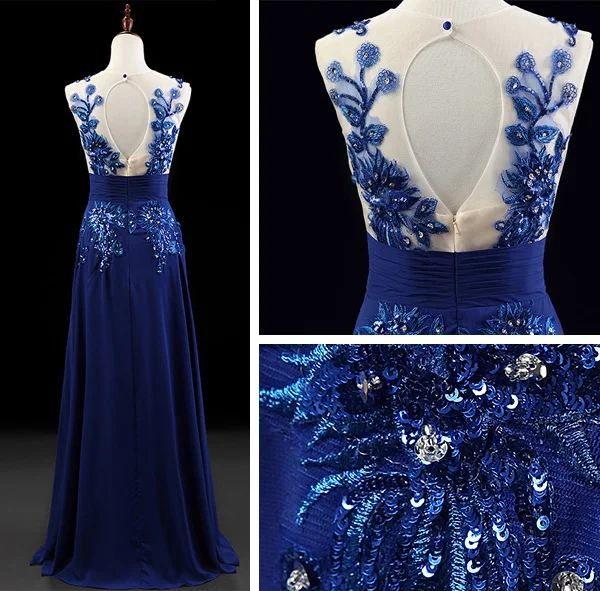 2015 A-line Scoop Neckline Floor-length Long Embroidered Flowers Chiffon Evening Dresses