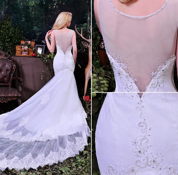 Robes De Tulle De Mariée Sirène Élégante Profonde Encolure En V Perles À Long Tailing Percé