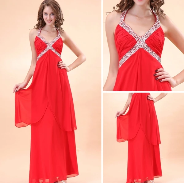 Magnifique Drapé Perles Licol Rouge Robes Du Soiree Longues