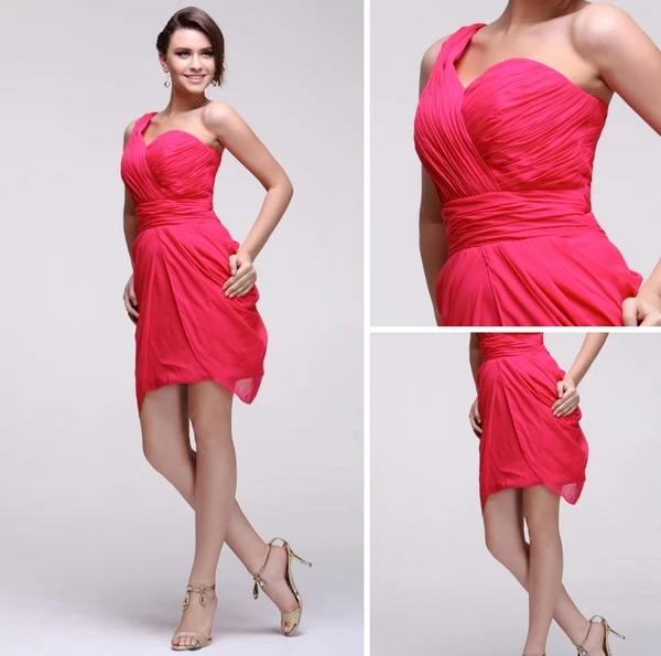 2015 Epidemic Pleated One-shoulder Fuchsia Cocktail Dress