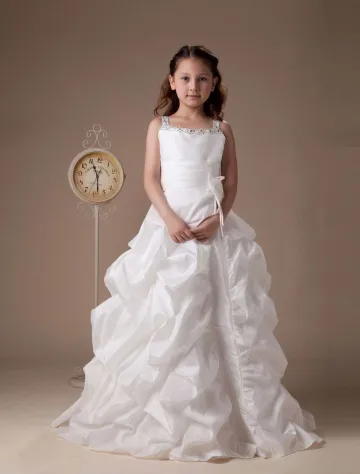 Hvit Ermeløs Beaded Taffeta Blomsterpike Kjole Til Barn