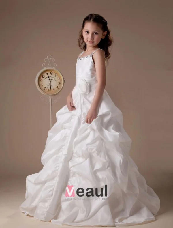 White Sleeveless Beaded Taffeta Flower Girl Dress