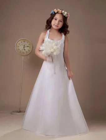 Vestidos Para Niñas De Las Flores Abalorios Blanco Halter De Satén