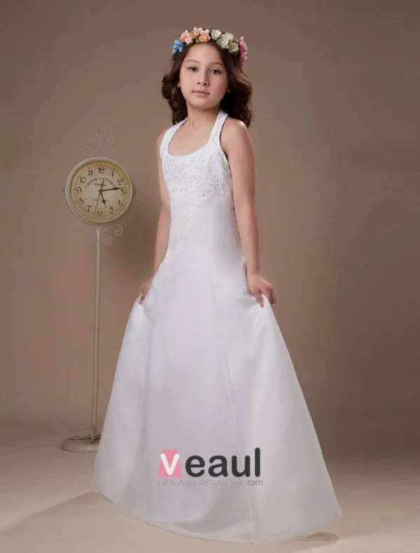 White Halter Satin Beading Flower Girl Dress