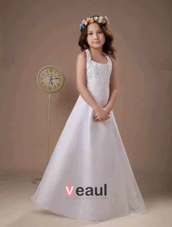 White Halter Satin Beading Flower Girl Dress