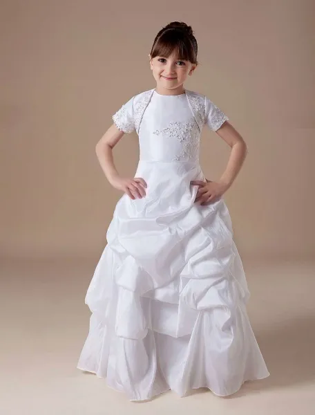 White Ruched Bottom Vest Taffeta Flower Girl Dress