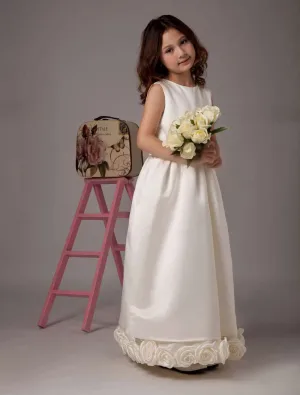 Ivory Sleeveless Sash Satin Flower Girl Dress