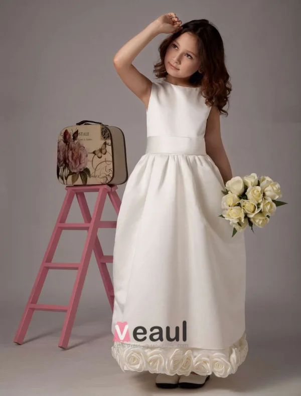 Ivory Sleeveless Sash Satin Flower Girl Dress