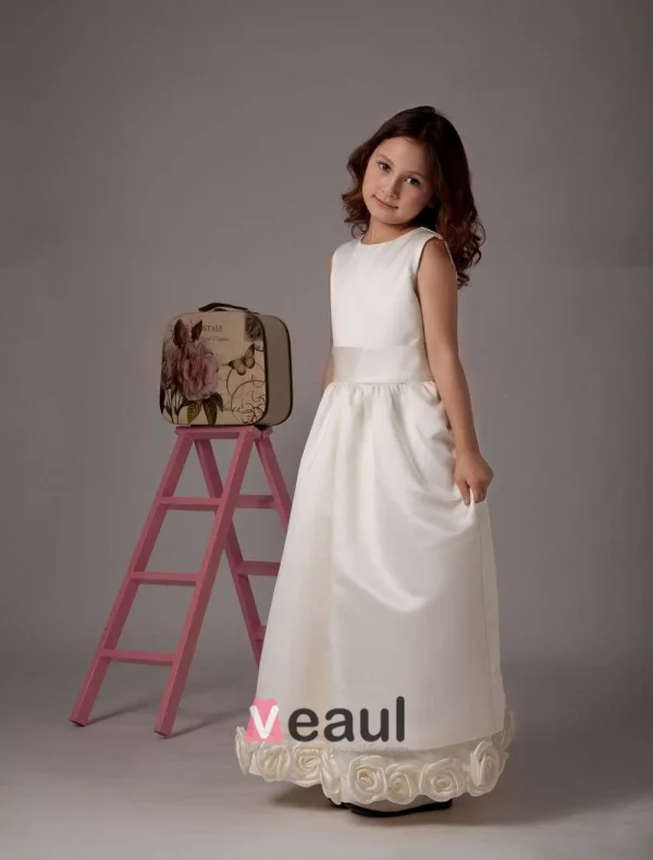 Ivory Sleeveless Sash Satin Flower Girl Dress