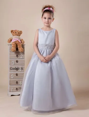Long Bowknot Satin Organza Flower Girl Dress