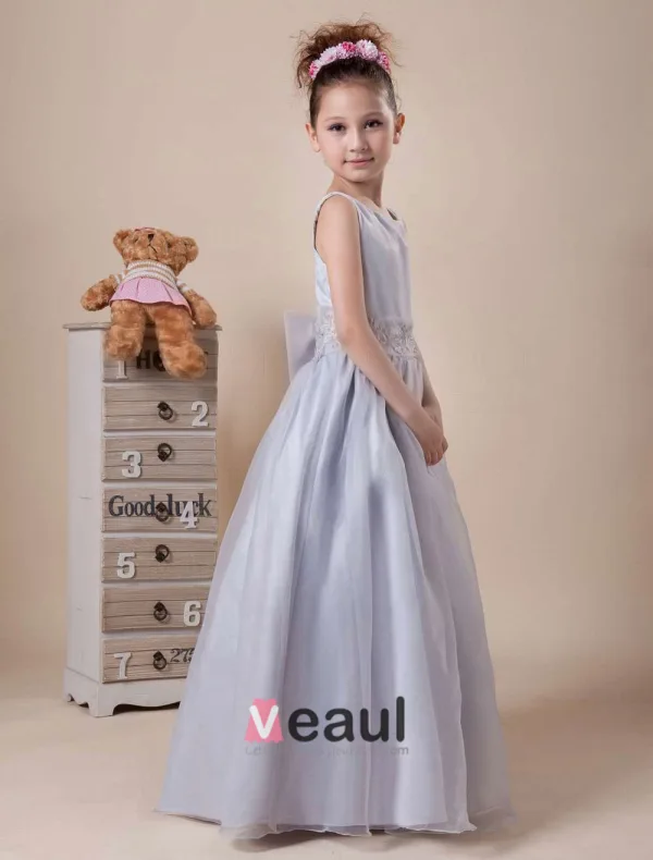 Long Bowknot Satin Organza Flower Girl Dress