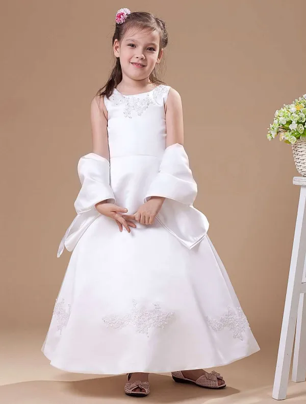 Hvit A Linje Ermeløs Satin Blomsterpike Kjole Til Barn