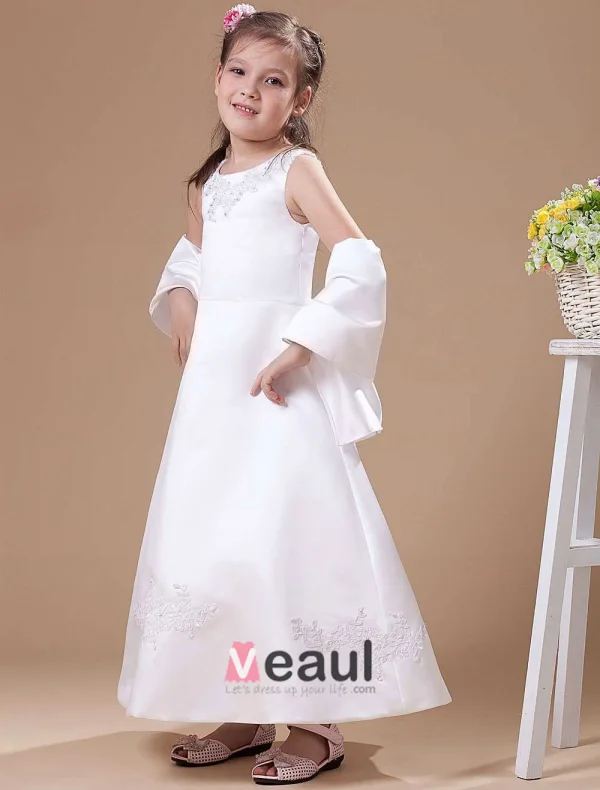 White A-Line Sleeveless Satin Flower Girl Dress