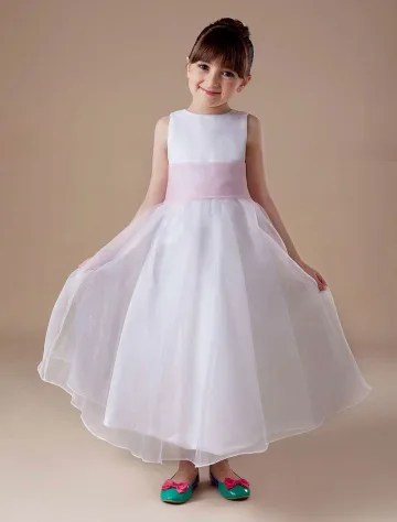 Blanc Manches Ceinture De Satin Et Organza Robe Ceremonie Fille Robe Fille Mariage