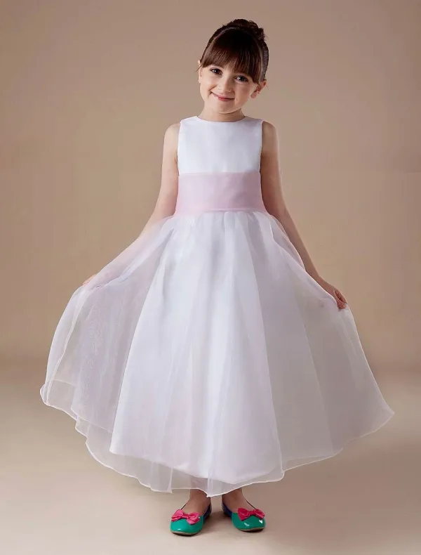 White Sleeveless Sash Satin Organza Flower Girl Dress