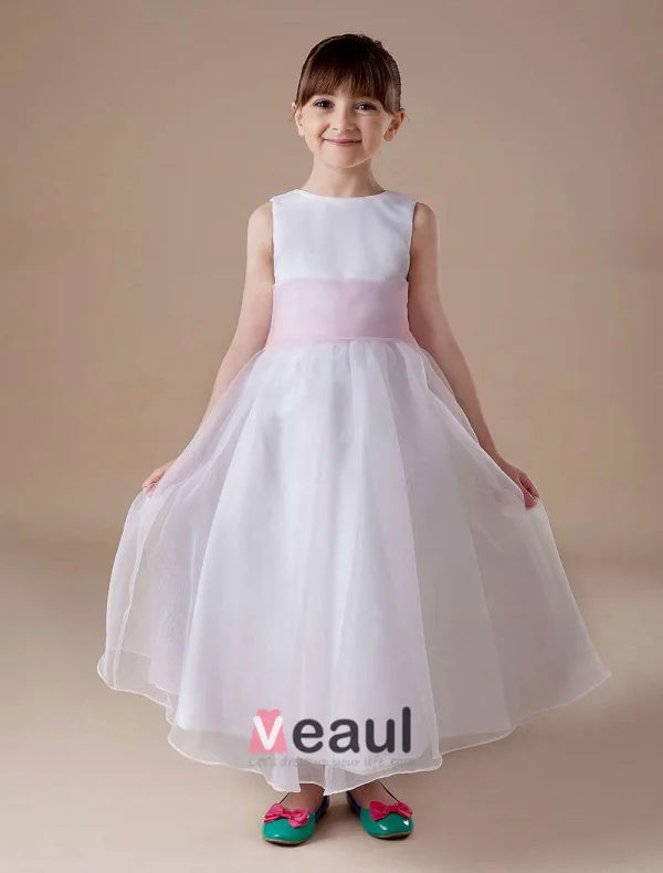 White Sleeveless Sash Satin Organza Flower Girl Dress