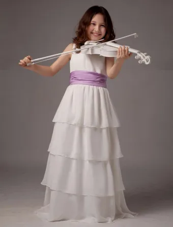 Sleeveless Sash Multi Layers Satin Flower Girl Dress
