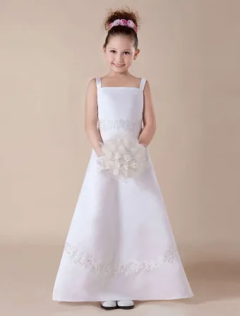 Vestido De La Muchacha De Flor De Satén Bordado Sin Mangas Blanco