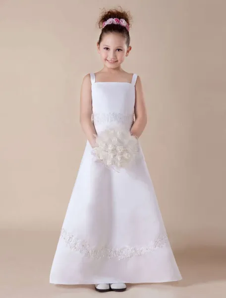 White Sleeveless Embroidery Satin Flower Girl Dress