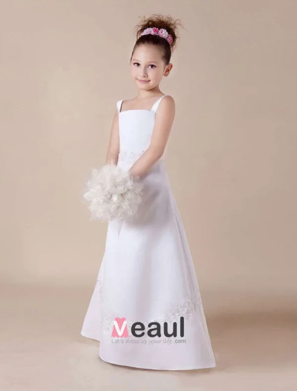 White Sleeveless Embroidery Satin Flower Girl Dress