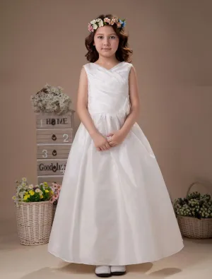 White Sleeveless V Neck Flower Decorated Beaded Taffeta Flower Girl Dress