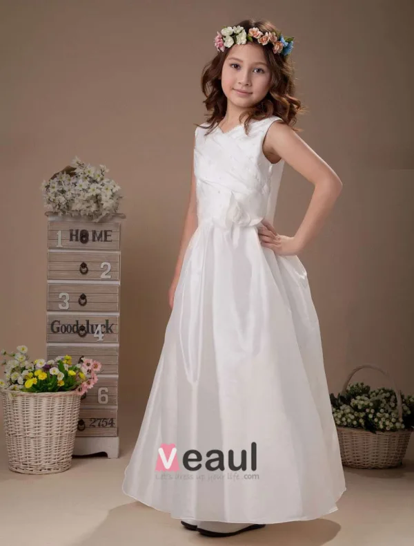 White Sleeveless V-Neck Flower Decorated Beaded Taffeta Flower Girl Dress
