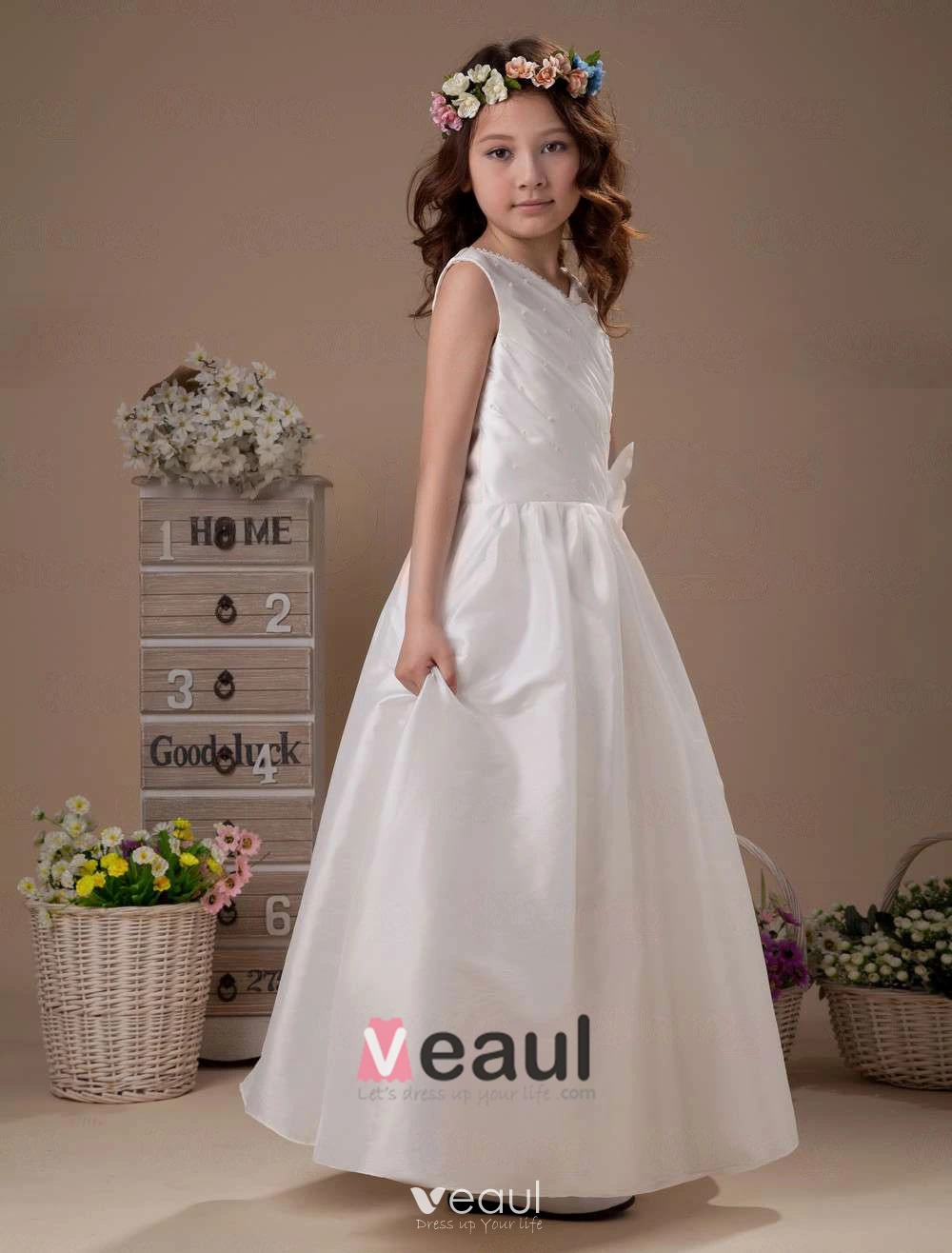 Blanche Sans Manches V cou Robe Ceremonie Fille Robe Fille Mariage