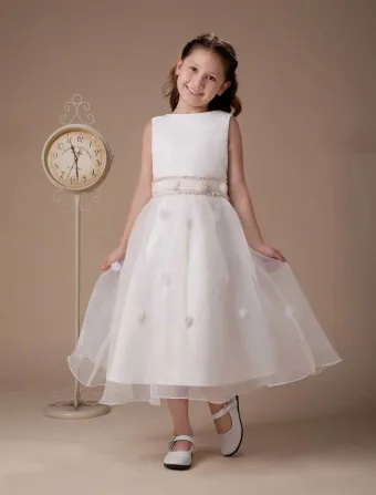 White Sleeveless Satin Flower Girl Dress