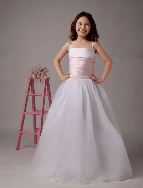 Hvit A Linje Spaghetti Satin Gulv Lengde Blomsterpike Kjole Til Barn