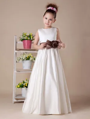 White Sleeveless Bow Sash Satin Flower Girl Dress