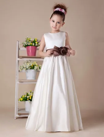 Vestidos Para Niñas De Las Flores Faja De Raso Blanco Arco Sin Mangas
