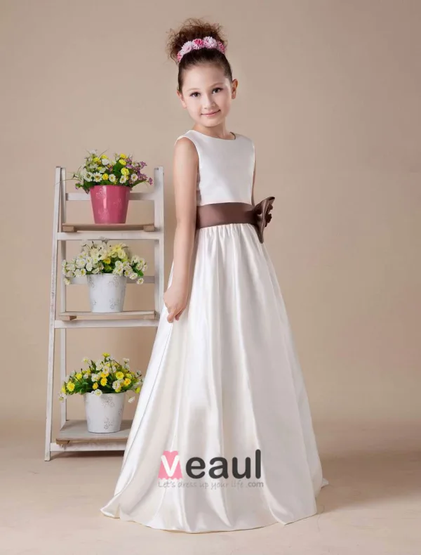 White Sleeveless Bow Sash Satin Flower Girl Dress